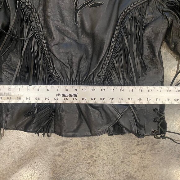 Black Leather Vintage Biker Jacket with Fringe and Rose Detail - Picture 12 of 13